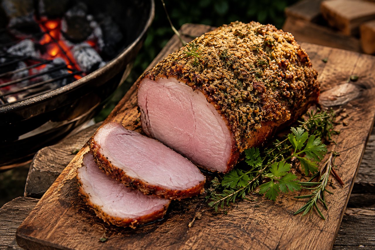 Kasseler mit goldbrauner Senf-Kräuterkruste auf einem Holzbrett